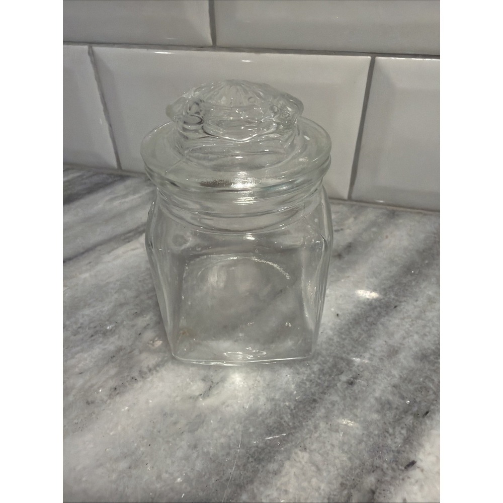 Vintage Clear Glass 4" Square Canister with Sunburst Designed Lid GW991